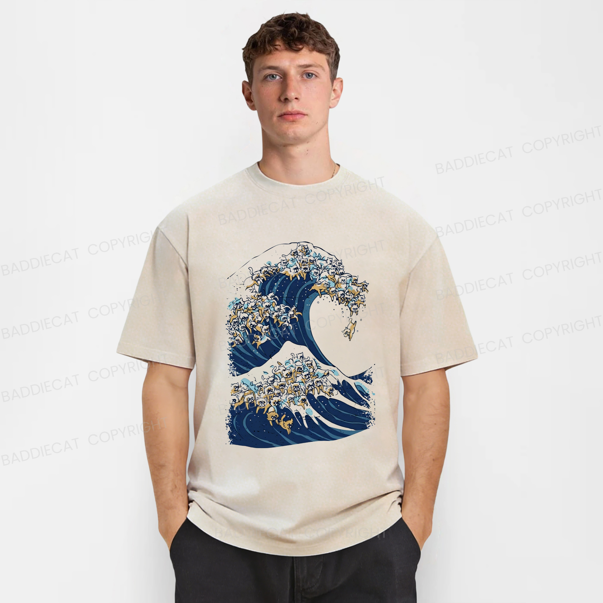 Baddiecat The Great Wave Of Cat Washed T-shirt