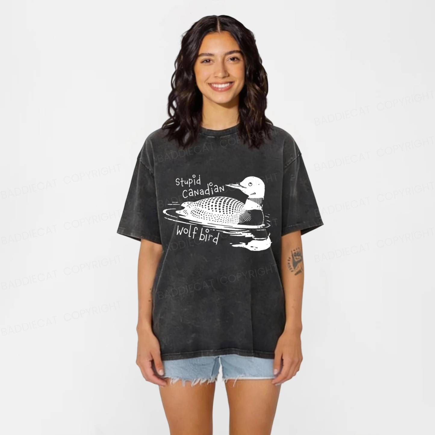 Baddiecat Stupid Canadian Wolf Bird Washed T-shirt