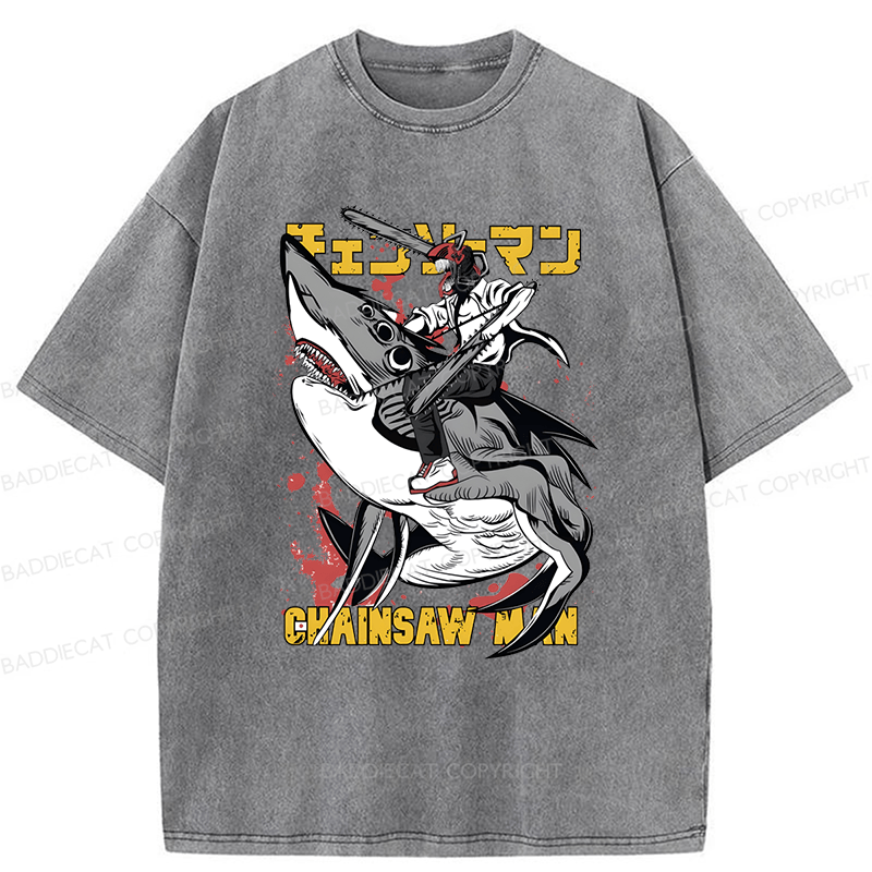 Baddiecat Denji Chainsaw Man Japanese Text Washed T-shirt