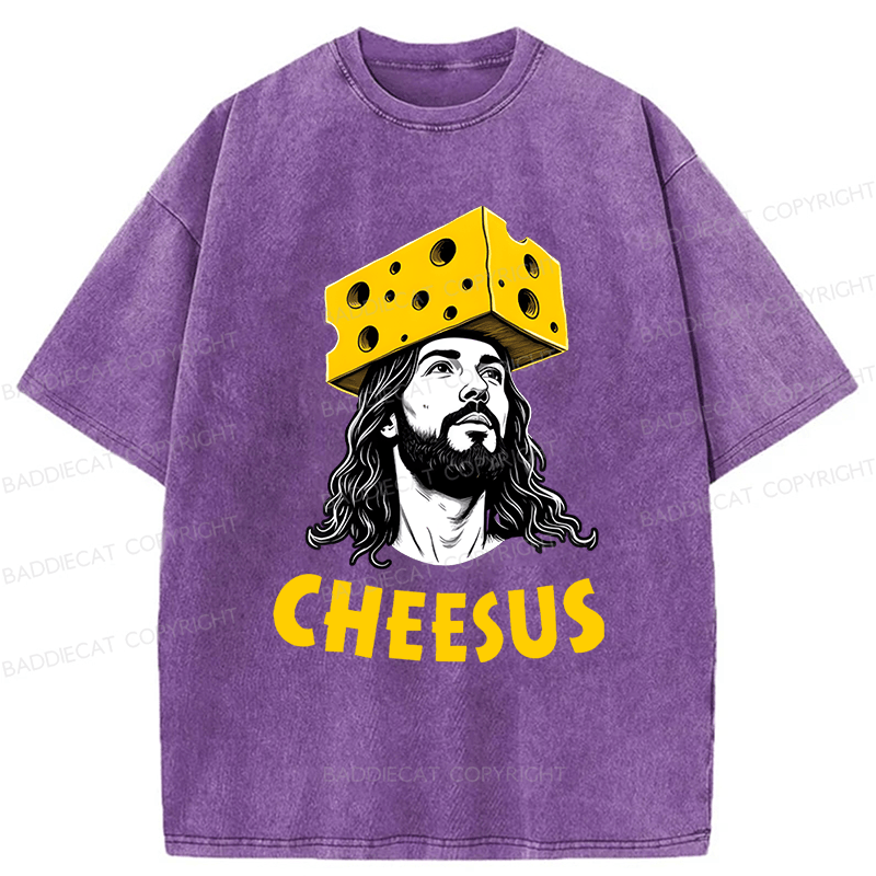 Baddiecat Cheesus Cheese Face Washed T-shirt