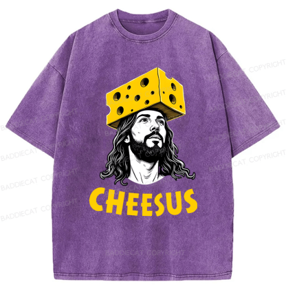 Baddiecat Cheesus Cheese Face Washed T-shirt