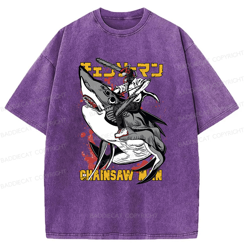 Baddiecat Denji Chainsaw Man Japanese Text Washed T-shirt