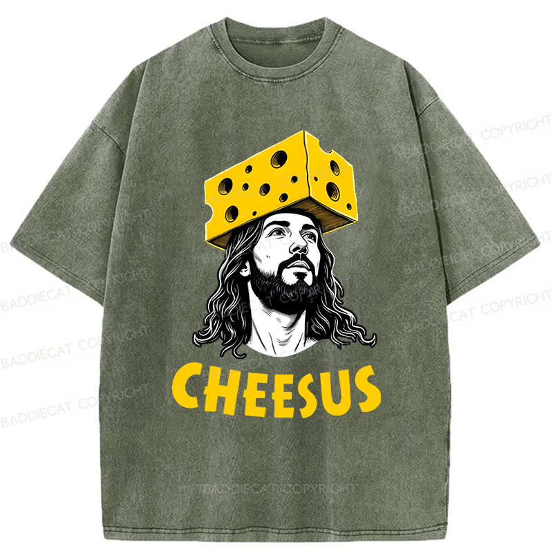 Baddiecat Cheesus Cheese Face Washed T-shirt