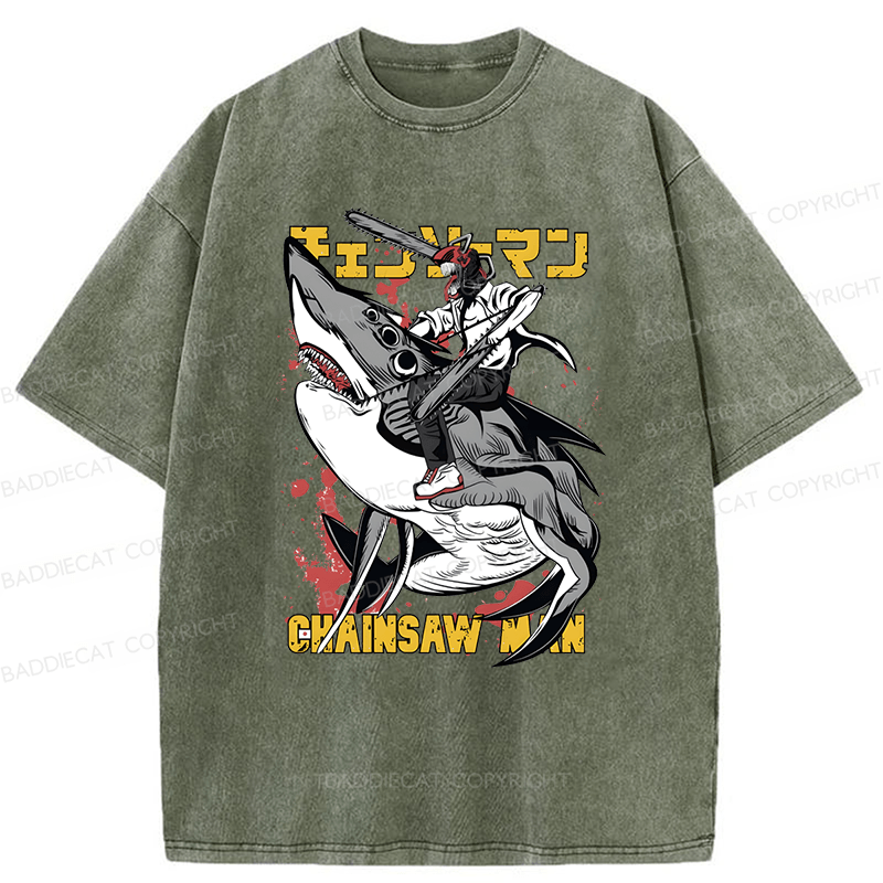 Baddiecat Denji Chainsaw Man Japanese Text Washed T-shirt