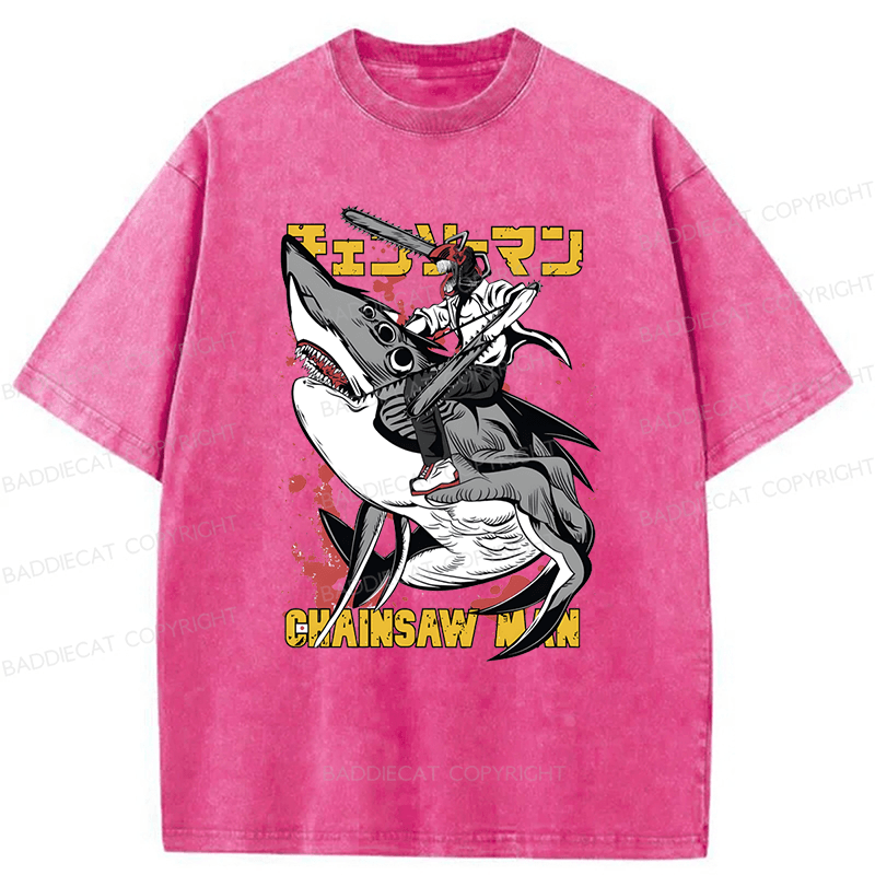 Baddiecat Denji Chainsaw Man Japanese Text Washed T-shirt