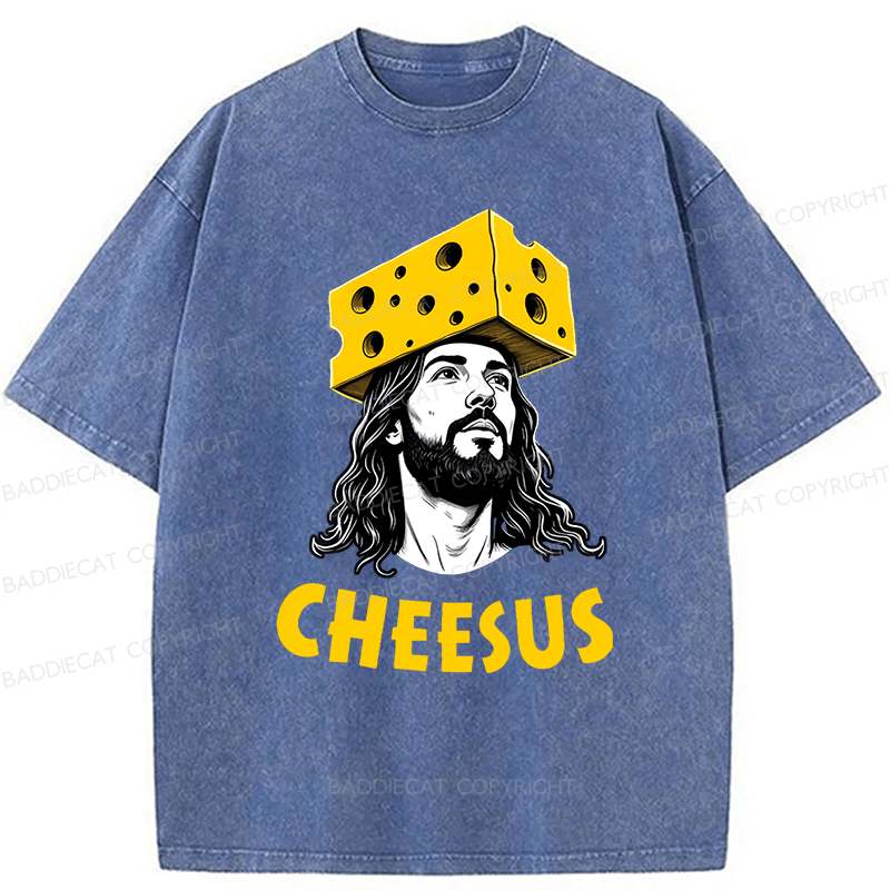 Baddiecat Cheesus Cheese Face Washed T-shirt