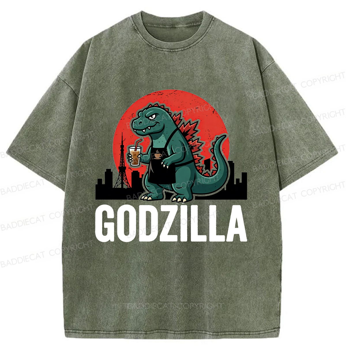 Baddiecat Coffeezilla Funny Godzilla Mascot Washed T-shirt
