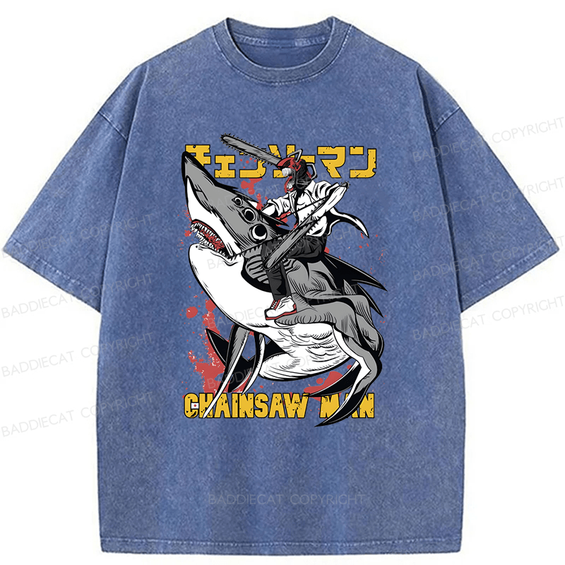 Baddiecat Denji Chainsaw Man Japanese Text Washed T-shirt