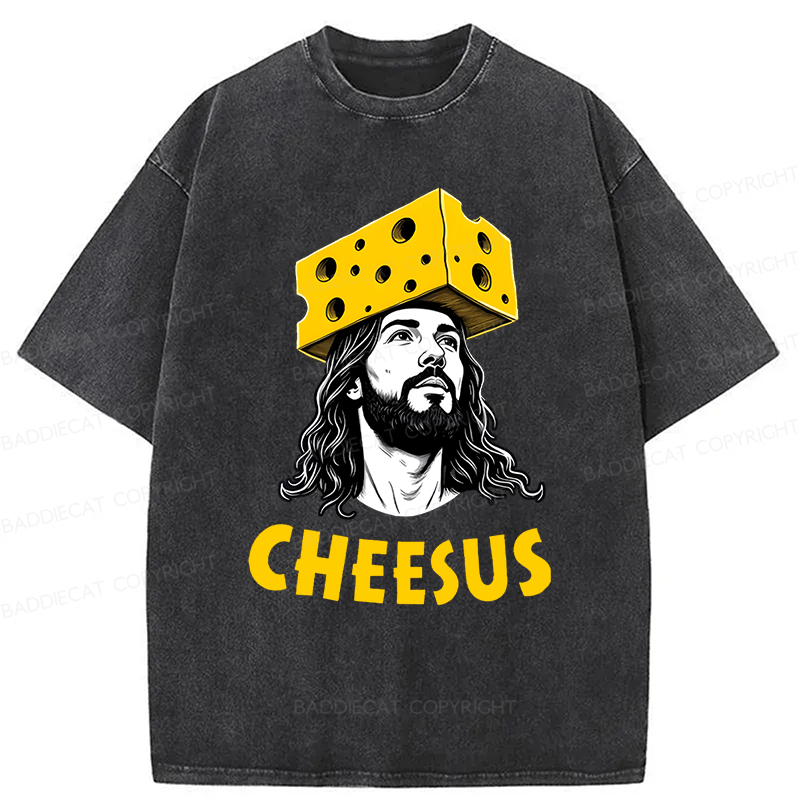 Baddiecat Cheesus Cheese Face Washed T-shirt