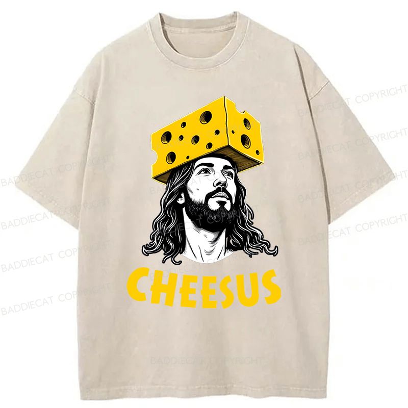 Baddiecat Cheesus Cheese Face Washed T-shirt