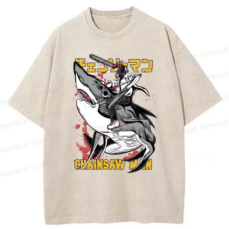 Baddiecat Denji Chainsaw Man Japanese Text Washed T-shirt