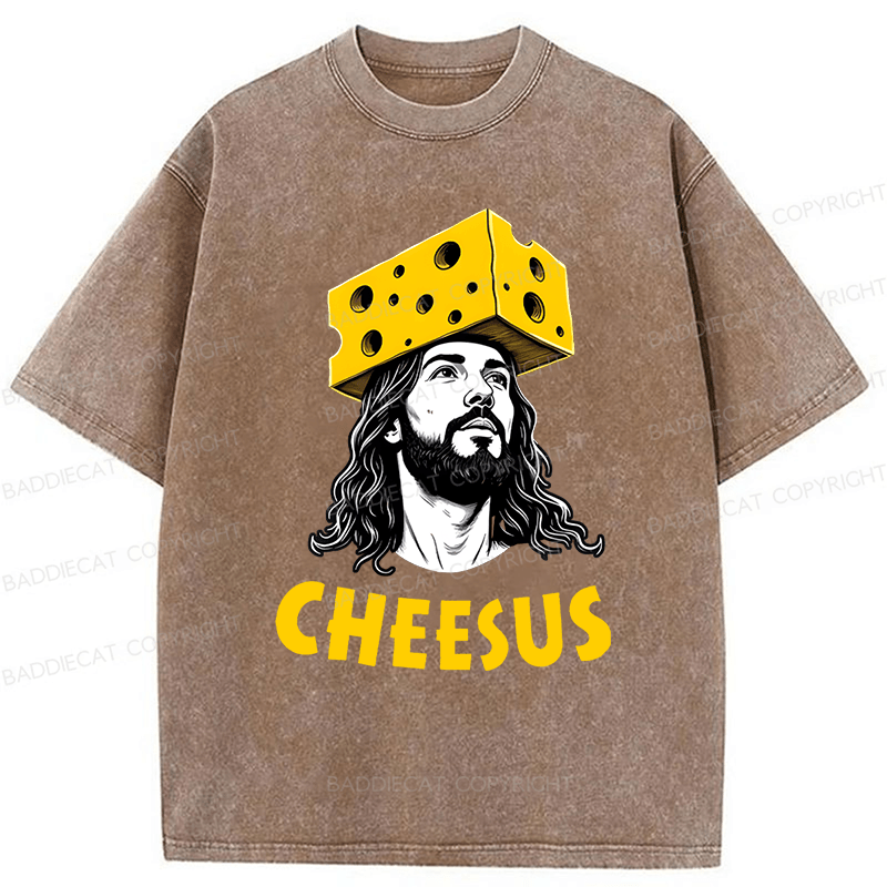 Baddiecat Cheesus Cheese Face Washed T-shirt