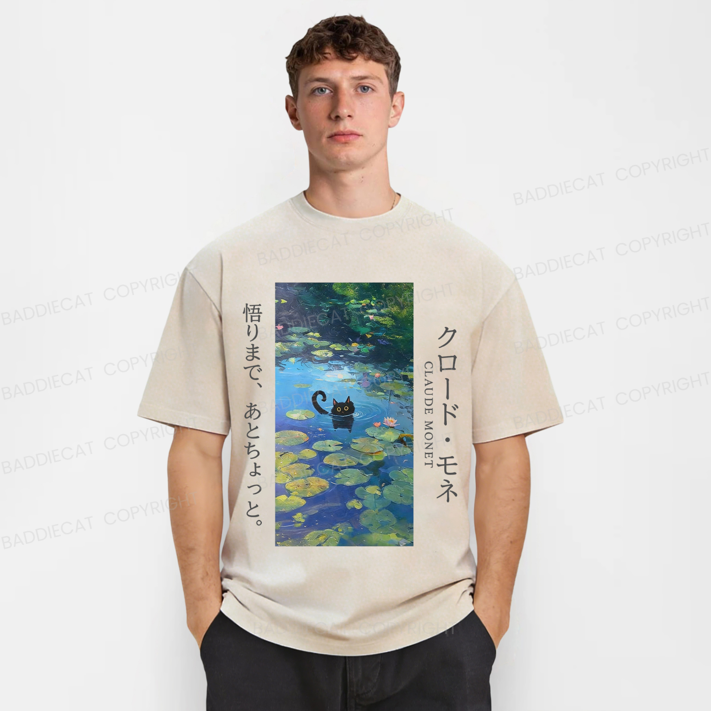 Baddiecat Kawaii Black Cat In Water Lily Washed T-Shirt