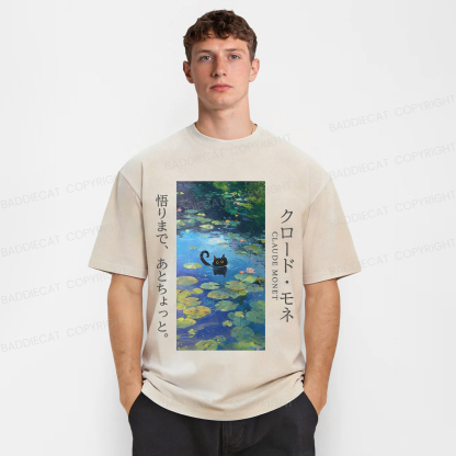 Baddiecat Kawaii Black Cat In Water Lily Washed T-Shirt