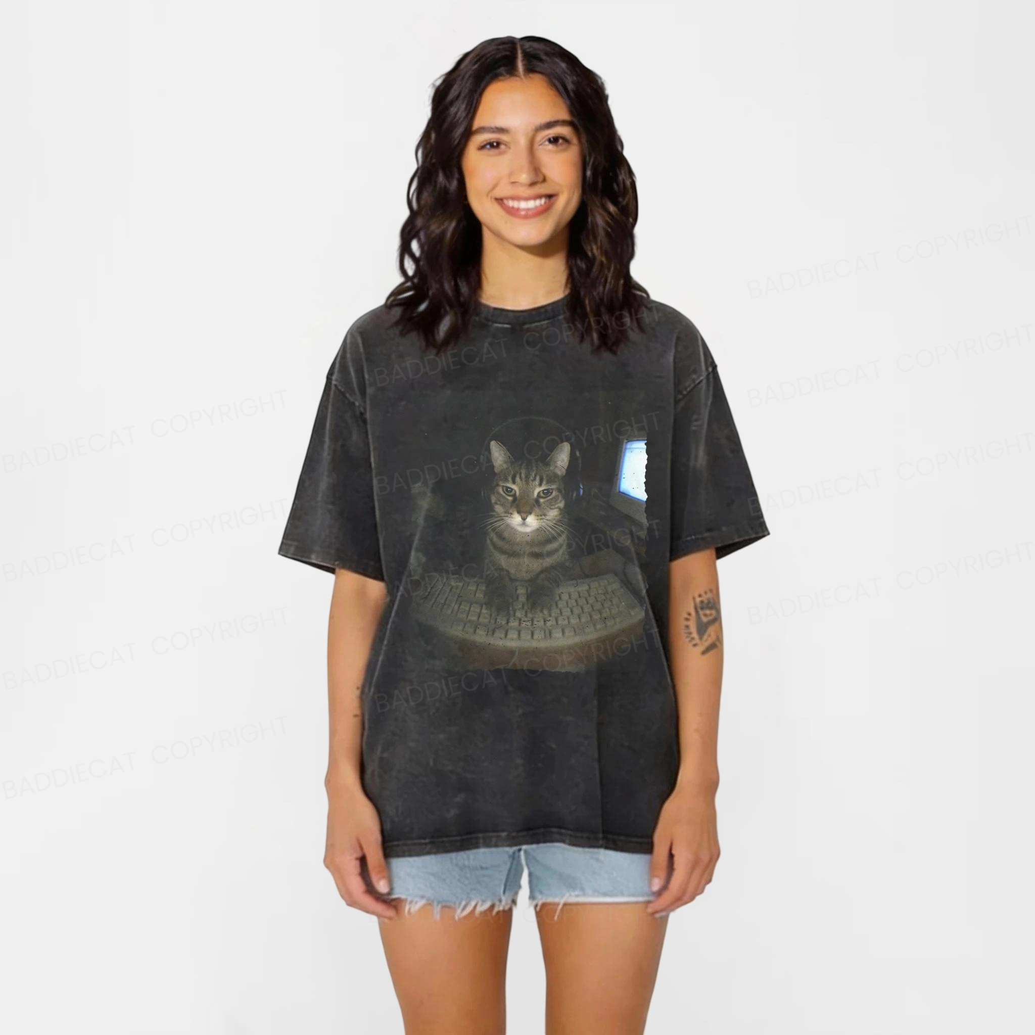 Baddiecat Hacker Cat Washed T-shirt