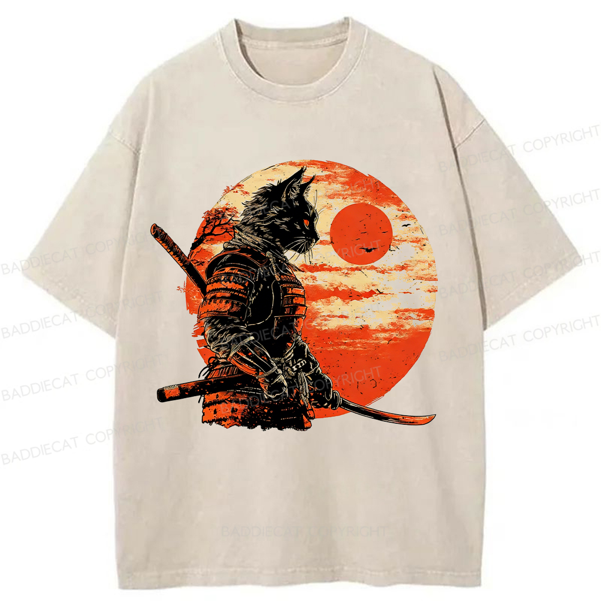 Baddiecat Samurai Cat Swords On Red Sun Washed T-shirt