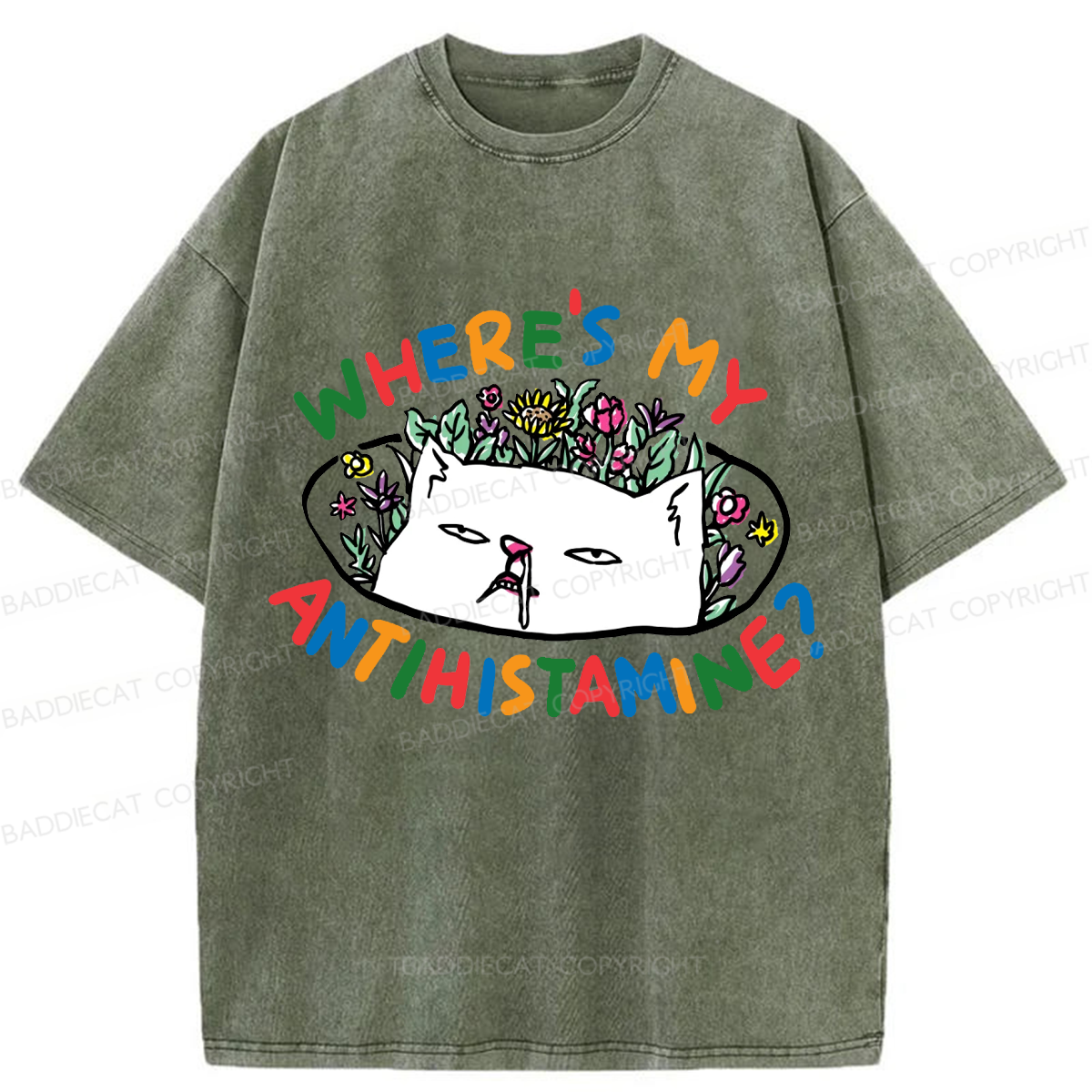 Baddiecat Where's My Antihistamine Cat Washed T-shirt