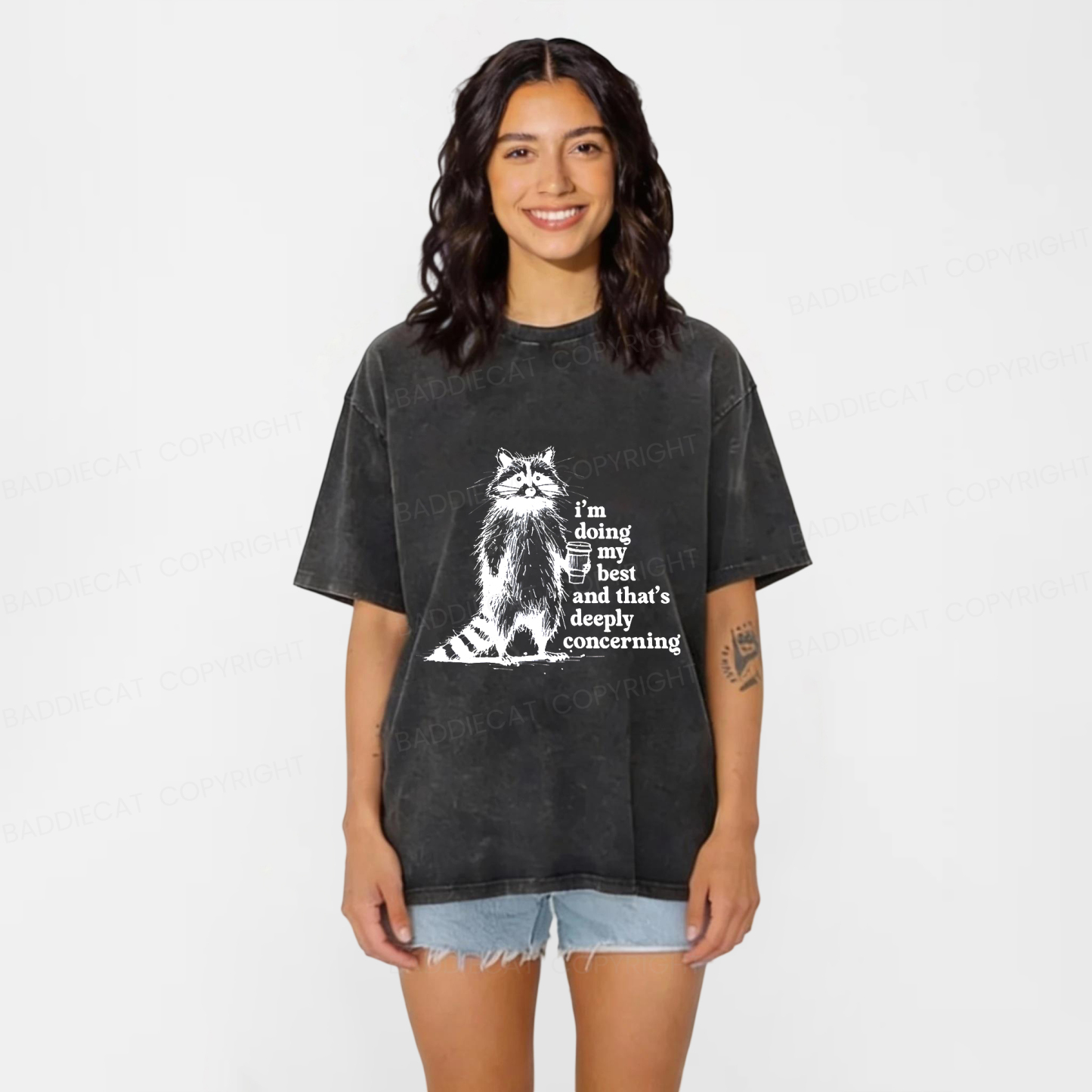 Baddiecat Fun Raccoon Meme Washed T-shirt