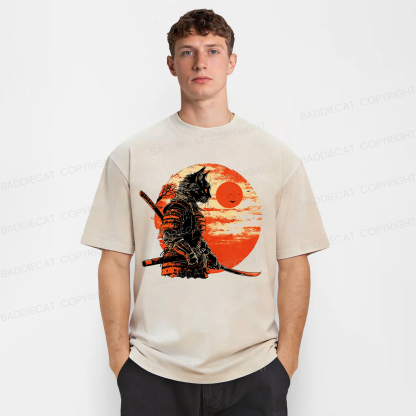 Baddiecat Samurai Cat Swords On Red Sun Washed T-shirt