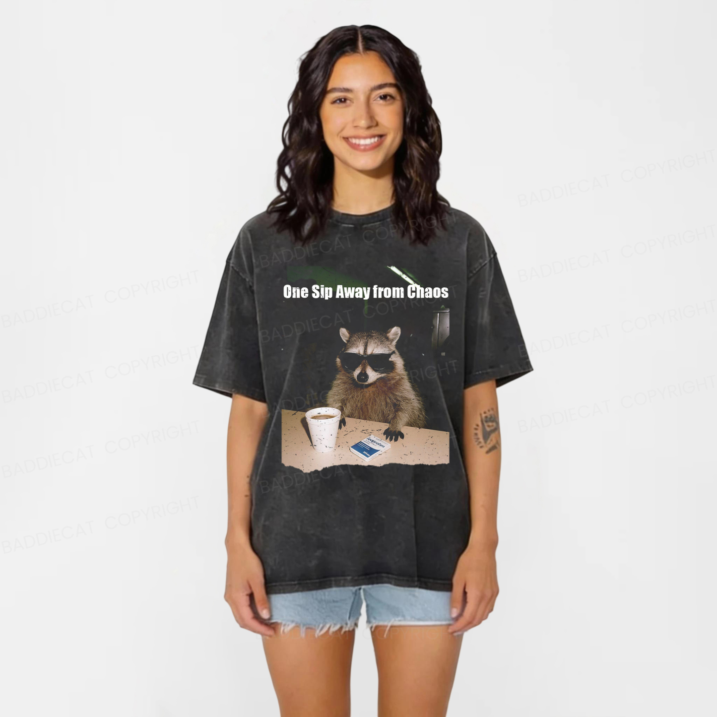 Baddiecat One Sip Away From Chaos Washed T-shirt