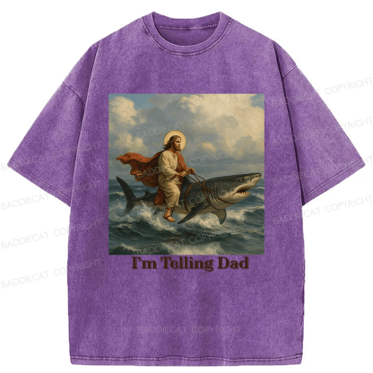 Baddiecat Jesus Rides A Shark Funny Washed T-shirt