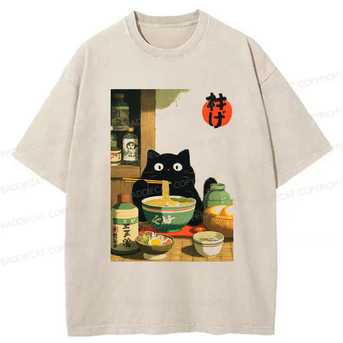 Baddiecat Ramen Cat Washed T-shirt