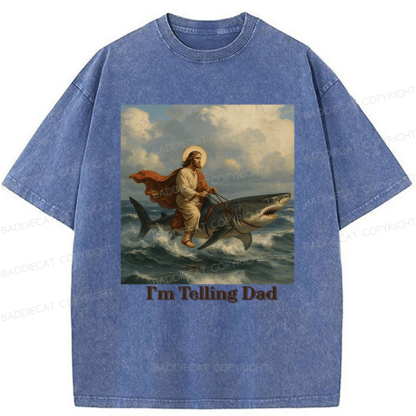 Baddiecat Jesus Rides A Shark Funny Washed T-shirt