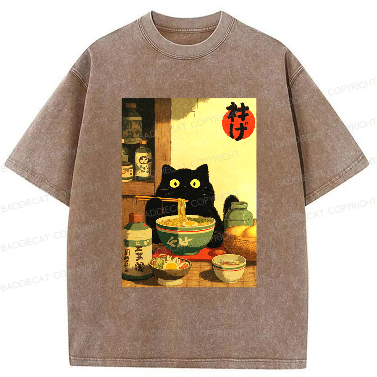Baddiecat Ramen Cat Washed T-shirt
