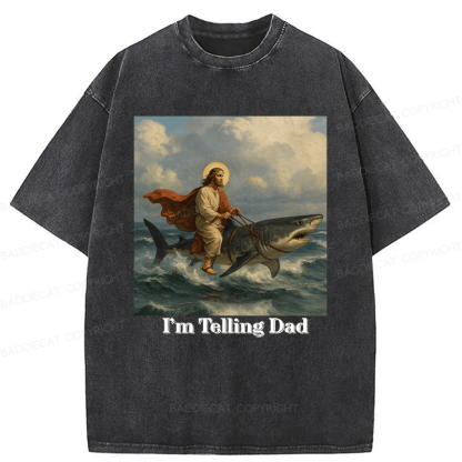 Baddiecat Jesus Rides A Shark Funny Washed T-shirt