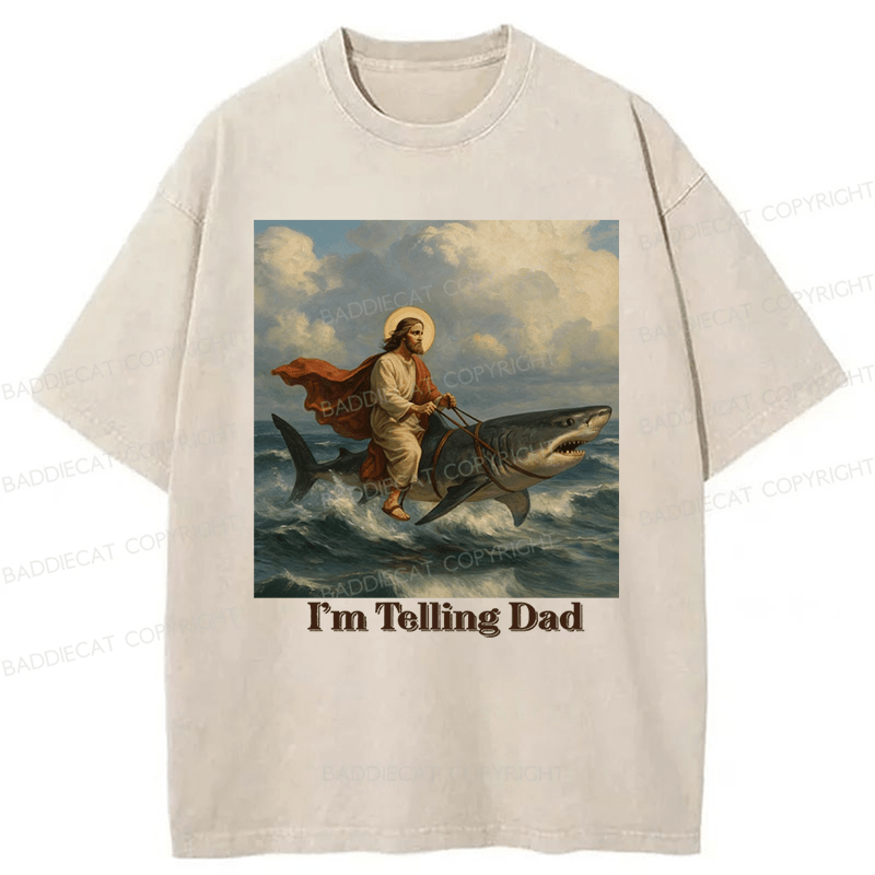 Baddiecat Jesus Rides A Shark Funny Washed T-shirt