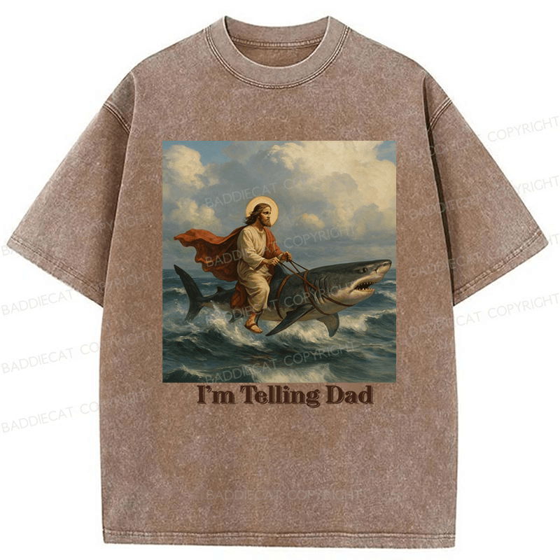 Baddiecat Jesus Rides A Shark Funny Washed T-shirt