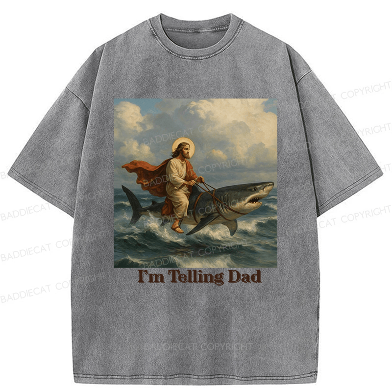 Baddiecat Jesus Rides A Shark Funny Washed T-shirt