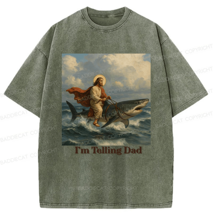 Baddiecat Jesus Rides A Shark Funny Washed T-shirt