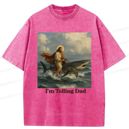 Baddiecat Jesus Rides A Shark Funny Washed T-shirt