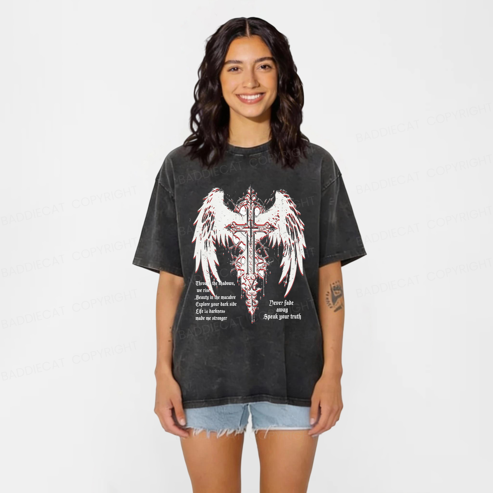 Baddiecat Retro Gothic Punk Washed T-shirt