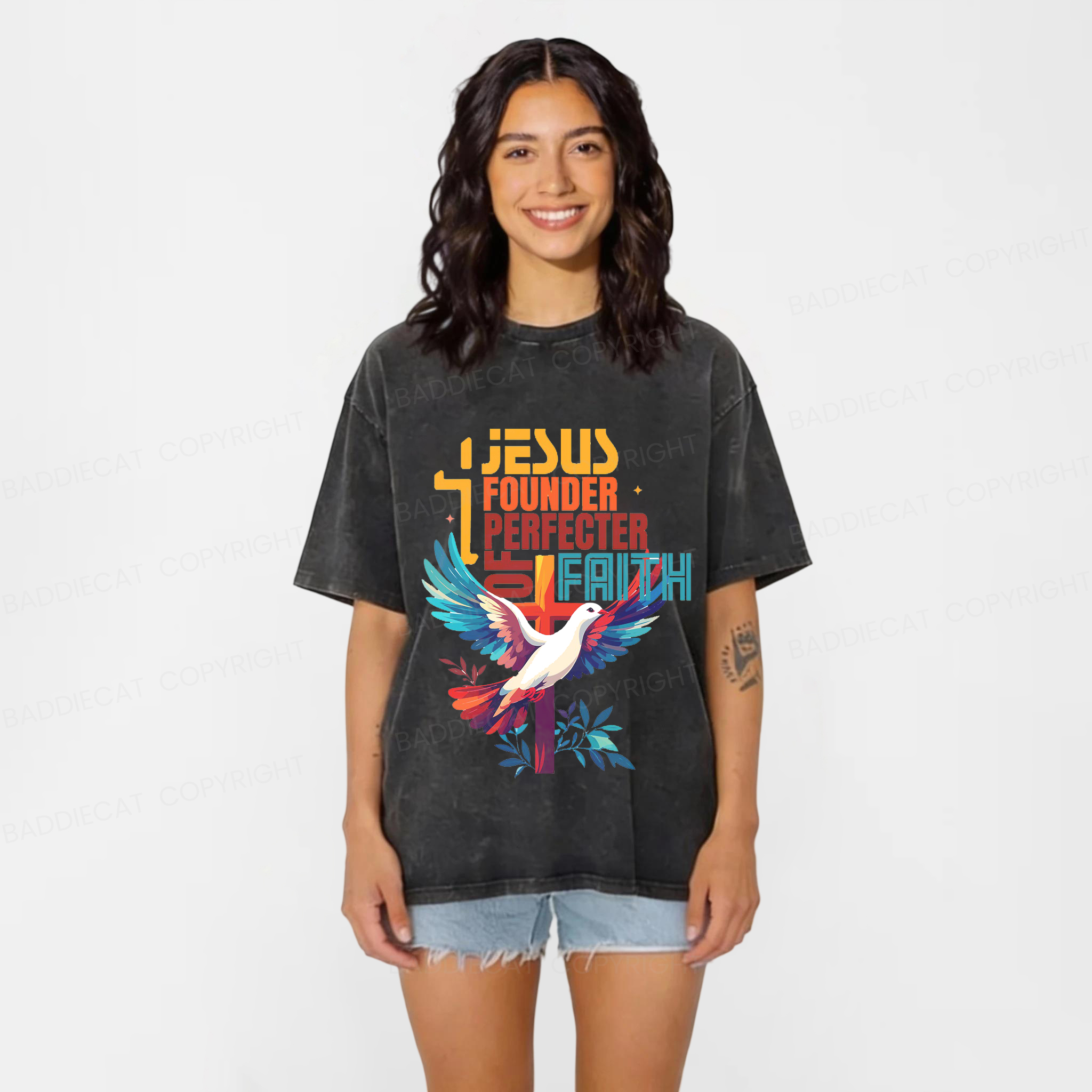 Baddiecat Jesus Founder Perfecter Of Faith Washed T-shirt