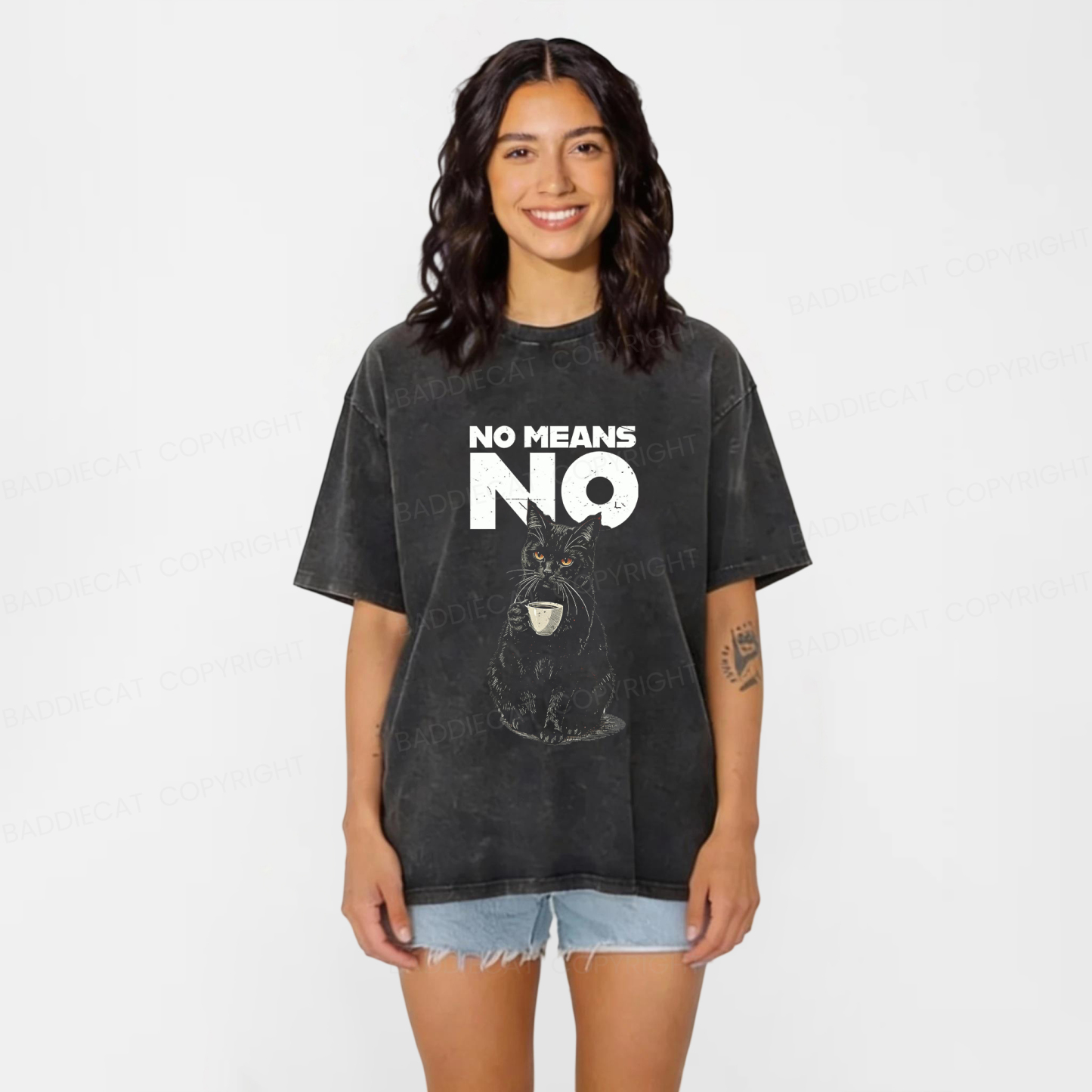 Baddiecat No Means No Black Cat Washed T-shirt