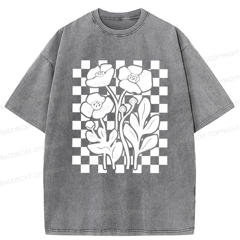 Baddiecat Poppy Checkered Flowers Washed T-shirt