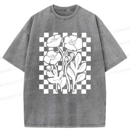 Baddiecat Poppy Checkered Flowers Washed T-shirt