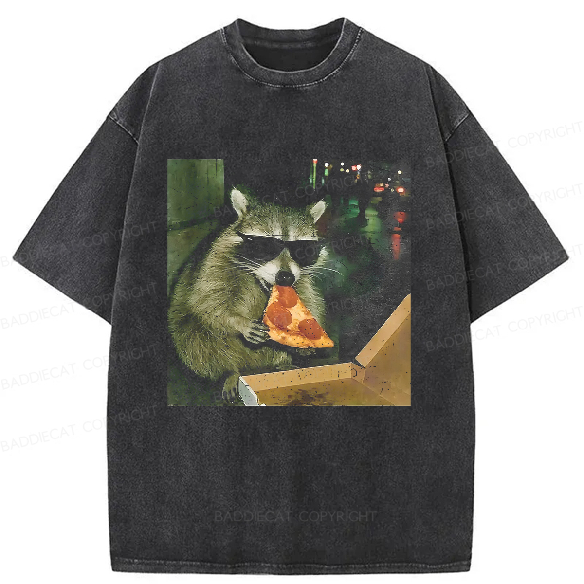 Baddiecat Raccoon Eating Pizza Washed T-shirt