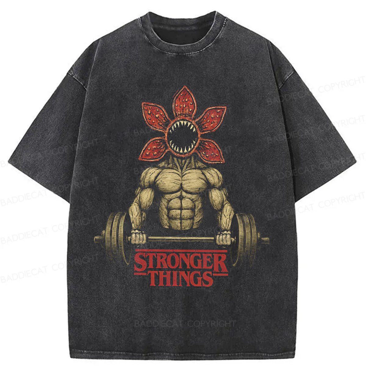 Baddiecat Demogorgon Weightlifting Stronger Things Washed T-shirt