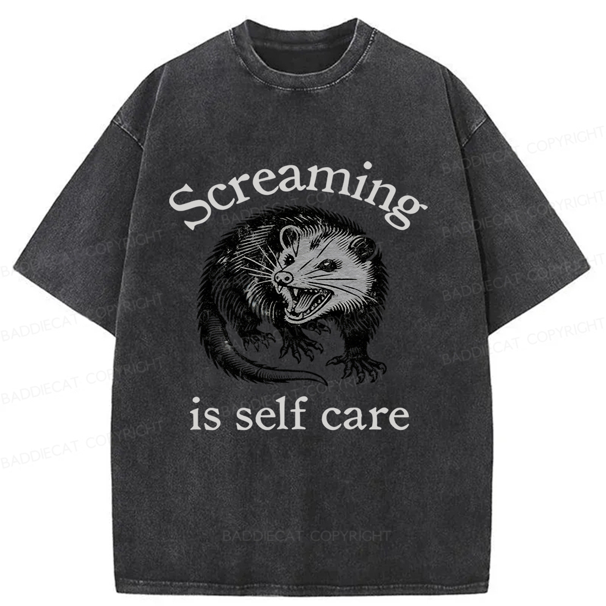 Baddiecat Screaming Opossum Washed T-shirt