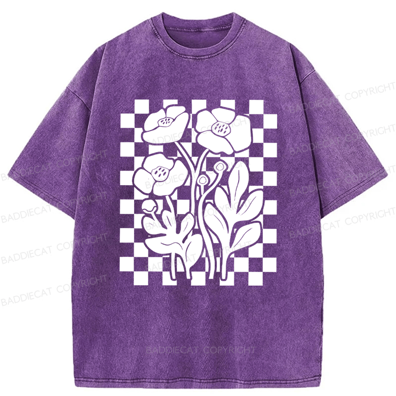 Baddiecat Poppy Checkered Flowers Washed T-shirt
