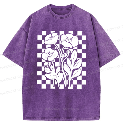 Baddiecat Poppy Checkered Flowers Washed T-shirt