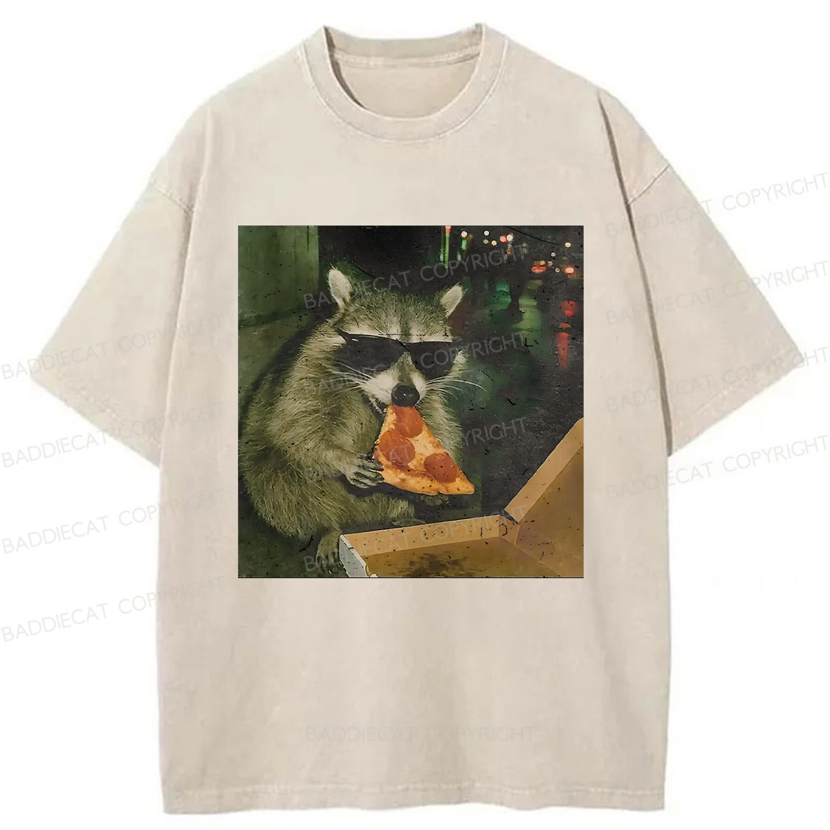 Baddiecat Raccoon Eating Pizza Washed T-shirt