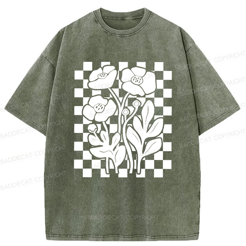 Baddiecat Poppy Checkered Flowers Washed T-shirt