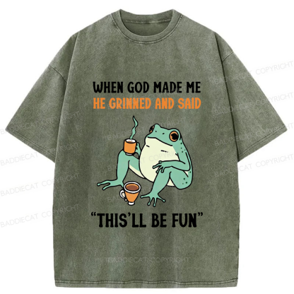 Baddiecat When God Made Me He Grinned Frog Washed T-shirt