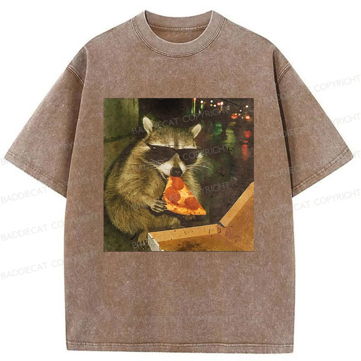 Baddiecat Raccoon Eating Pizza Washed T-shirt