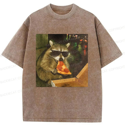 Baddiecat Raccoon Eating Pizza Washed T-shirt