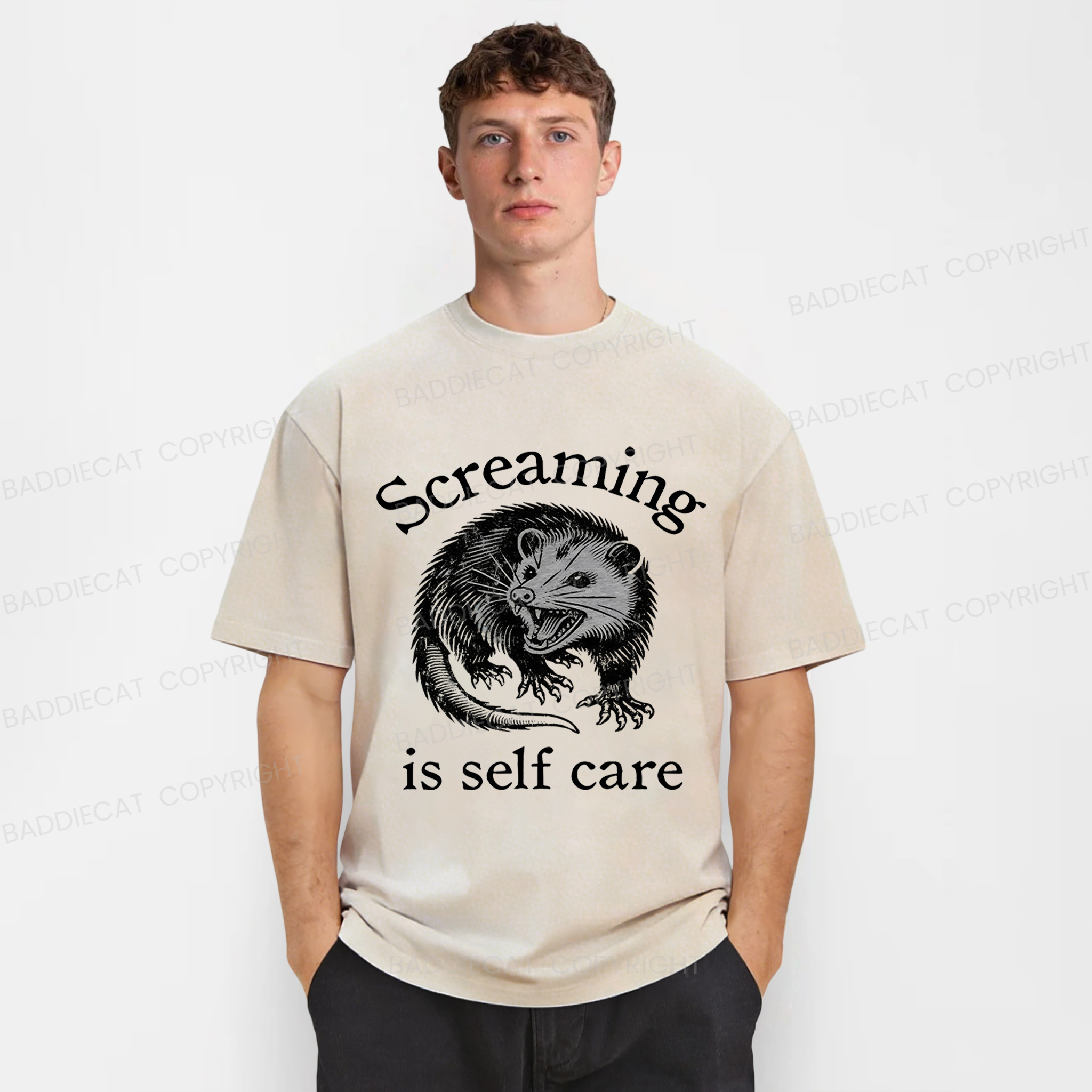 Baddiecat Screaming Opossum Washed T-shirt